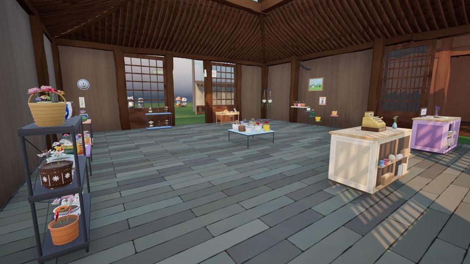 Inside the flower shop with stocked shelves