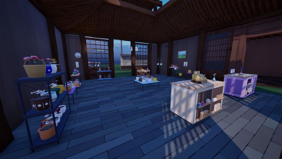 The shop interior at dusk